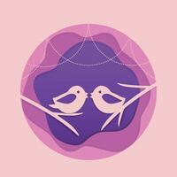 söt valentines dag kort, två kissing fåglar, rosa kort i papper skära stil, vektor illustration