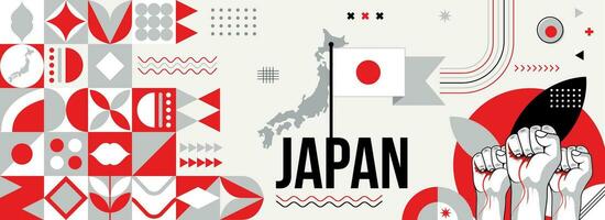 Japan National oder Unabhängigkeit Tag Banner zum Land Feier. Flagge und Karte von Japan mit angehoben Fäuste. modern retro Design mit Typografie abstrakt geometrisch Symbole . Vektor Illustration.
