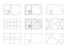 golden Verhältnis Vorlage Satz. Methode golden Abschnitt. Fibonacci Anordnung, Zahlen. Harmonie Proportionen. Gliederung Vektor Grafik Illustration.