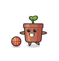 Illustration der Blumentopfkarikatur spielt Basketball vektor