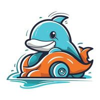 süß Karikatur Delfin Fahren ein Orange Spielzeug Wagen. Vektor Illustration.