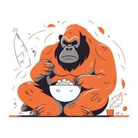 Gorilla Sitzung und Essen ein Schüssel von Milch. Vektor Illustration.