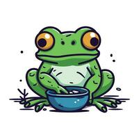 Frosch Essen von Schüssel. süß Karikatur Charakter. Vektor Illustration.