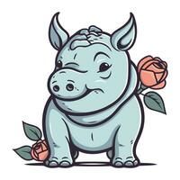 süß Nashorn mit ein Blume. Vektor Illustration.