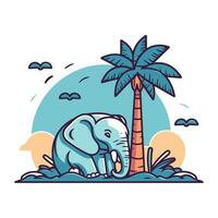 Elefant auf das Strand unter Palme Baum. Vektor Illustration im eben Stil