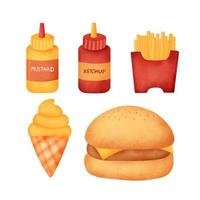 Aquarell handgezeichnete Fast-Food-Set. vektor