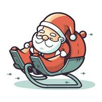 Santa claus Sitzung im ein schaukeln Stuhl mit ein Laptop. Vektor Illustration.