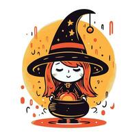 süß wenig Hexe Mädchen mit Magie Trank. Halloween Vektor Illustration.