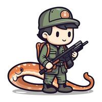 soldat med en orm i hans hand. söt tecknad serie vektor illustration.