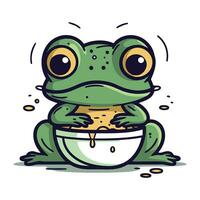 süß Karikatur Frosch mit ein Schüssel von Wasser. Vektor Illustration.