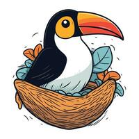 söt tecknad serie toucan fågel i en bo. vektor illustration.