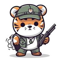 süß Tiger im Militär- Uniform mit ein Pistole. Vektor Illustration.