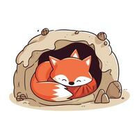 süß Karikatur Fuchs Schlafen im ein Höhle. Vektor Illustration auf Weiß Hintergrund.