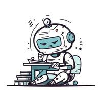 Vektor Illustration von ein süß Roboter Sitzung auf ein Tabelle mit Bücher.