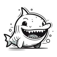 svart och vit vektor illustration av en leende haj med öppen mun.