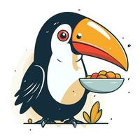 söt tecknad serie toucan med en skål av mat. vektor illustration.