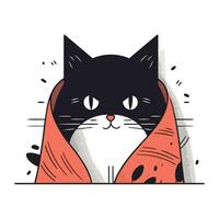söt svart katt insvept i en röd handduk. vektor illustration.