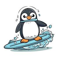 Pinguin Surfen auf Surfbrett. süß Karikatur Vektor Illustration.