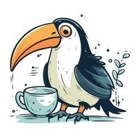 Tukan mit ein Tasse von Kaffee. Vektor Hand gezeichnet Illustration.