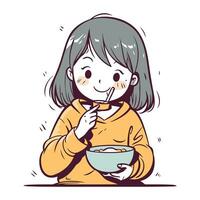 illustration av en liten flicka äter en skål av spannmål. vektor