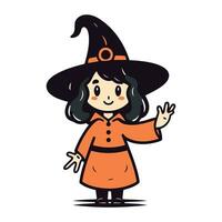 süß wenig Mädchen gekleidet wie ein Hexe. Halloween Vektor Illustration.