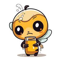 süß Karikatur Biene halten ein Glas von Saft. Vektor Illustration.
