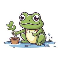 Frosch mit Blume im Topf. Vektor Illustration im Karikatur Stil.