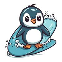 süß Pinguin Surfen auf Surfbrett. Karikatur Vektor Illustration.