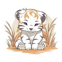 Vektor Illustration von ein süß Tiger Sitzung auf das Boden mit Gras.