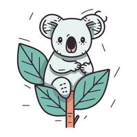 söt tecknad serie koala på de gren med löv. vektor illustration.