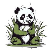 Panda Sitzung auf Gras und halten Bambus. Hand gezeichnet Vektor Illustration.