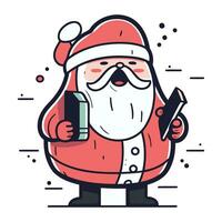 santa claus med en mobil telefon. vektor illustration i linje stil.