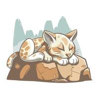 süß Karikatur wild Katze Schlafen auf das Felsen. Vektor Illustration.