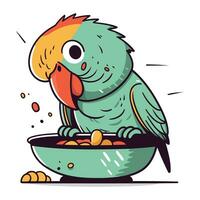 söt papegoja äter mat. vektor illustration i tecknad serie stil.