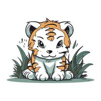 süß Tiger Sitzung im das Gras. Vektor Illustration auf Weiß Hintergrund.