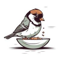 Vektor Illustration von ein süß Chickadee Essen von ein Schüssel.