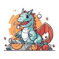 Vektor Illustration von ein süß Drachen mit ein Korb voll von Lebensmittel.