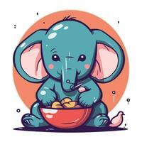 süß Karikatur Elefant Essen ein Schüssel von Getreide. Vektor Illustration.