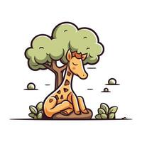 illustration av en giraff Sammanträde under en träd på vit bakgrund vektor