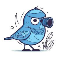 söt tecknad serie blå fågel med kikare. vektor illustration.