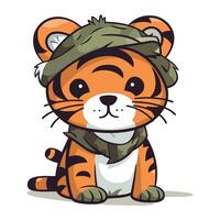 süß Tiger im ein Militär- Uniform. Vektor Illustration auf Weiß Hintergrund.