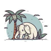 elefant på de strand med handflatan träd. vektor illustration i tecknad serie stil.