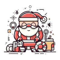 Santa claus Sitzung mit ein Tasche von Geschenke. Vektor Linie Illustration.