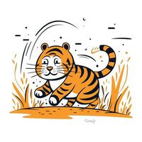 vektor illustration av en tiger löpning i de fält. söt tecknad serie karaktär.