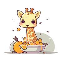 söt liten giraff med apelsiner i skål. vektor illustration.