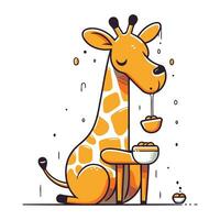 süß Giraffe mit ein Schüssel von Milch. Vektor Illustration.