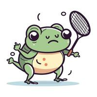 Frosch mit Badminton Schläger und Ball. Vektor Illustration.