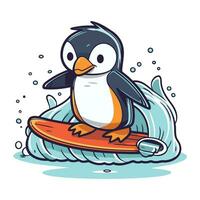 süß Pinguin Surfen auf ein Surfbrett. Vektor Illustration.