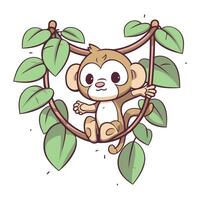 süß Affe Sitzung auf ein Ast mit Blätter. Vektor Illustration.