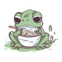Frosch Essen Haferflocken. Vektor Illustration von ein Karikatur Frosch.